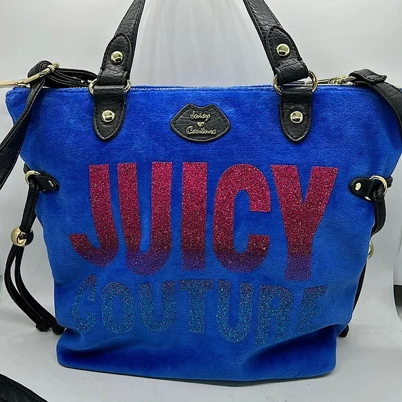 Juicy Couture Y2K Vintage Blue/Pink Glitter Velvet Tote Handbag Purse 👛 👛 - Picture 1 of 9